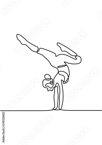 Yoga pose of woman continuous line drawing. Gymnastics girl. Stretching. Girl practicing yoga single line on white background. Standing with her hands. Vector illustration