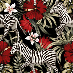 Keuken achterwand Afrikaanse dieren patronen Hawaiiaanse palmbladeren hibiscus en zebra  © good_mood