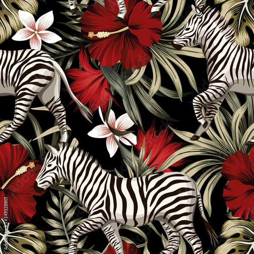 Tropical floral hawaiian palm leaves, hibiscus flower, zebra animal seamless pattern black background. Exotic jungle wallpaper.