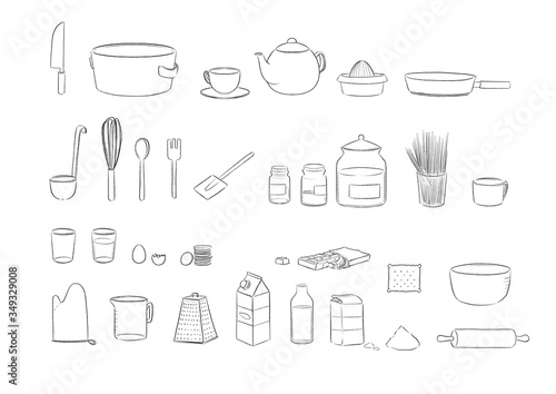 outline kitchen illustration set