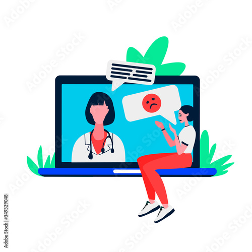 Online psychotherapist flat cartoon vector illustration.Depressed girl at the doctor. Psychologist remote assistance concept drawing. Online doctor consultation banner design.