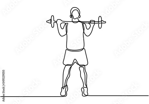 One line drawing or continuous line art of a strong athletic guy lifting weights and bodybuilder training. Young sportive man training lifting barbell in sport gymnasium club center.