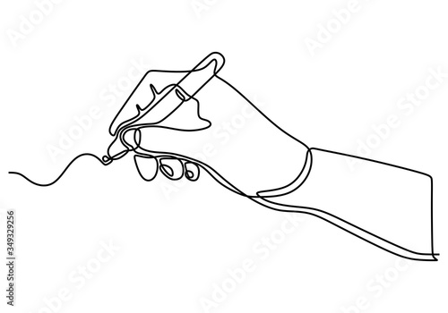 Continuous one line drawing hand palm fingers gestures pen, pencil. Ballpoint in hand. Writing or drawing with ink pen. Vector illustration minimalist design isolated on white background.