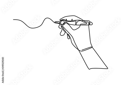 Continuous one line drawing hand palm fingers gestures pen, pencil. Ballpoint in hand. Writing or drawing with ink pen. Vector illustration minimalist design isolated on white background.