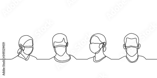 One line drawing of man and woman wearing medical masks to prevent disease, flu, air pollution, contaminated air, world pollution. Men and women wearing protection from coronavirus, COVID-19.