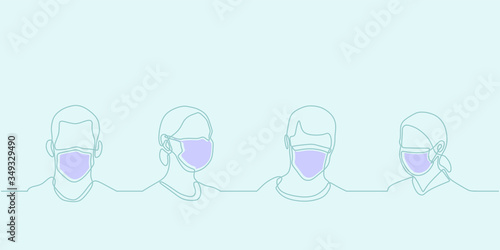 One line drawing of man and woman wearing medical masks to prevent disease, flu, air pollution, contaminated air, world pollution. Men and women wearing protection from coronavirus, COVID-19.