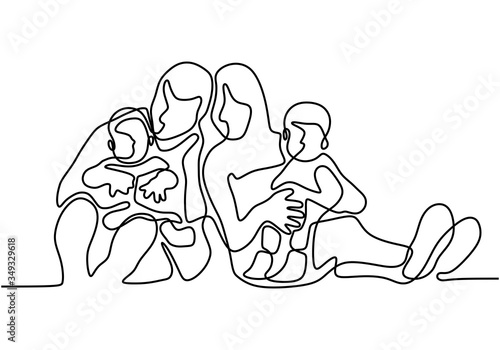 Happy family one continuous line drawing, single hand drawn father, mother, and kids. Portrait of care and togetherness in family time. Good banner celebration for international day of families.