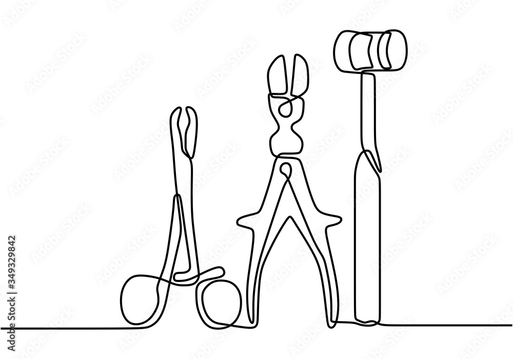 Continuous one line drawing of medical surgery tools. Scalpel cut