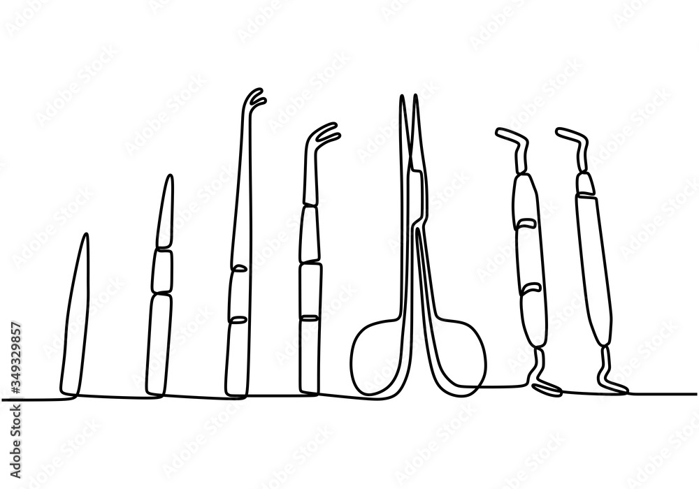 Continuous one line drawing of medical surgery tools. Scalpel cut