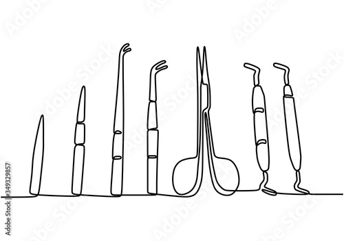 Continuous one line drawing of medical surgery tools. Scalpel cut, medical tweezer, surgical scissors. Practice with professional doctor. Isolated on white background. Vector illustration.