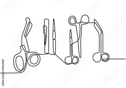 Continuous one line drawing of medical surgery tools. Scalpel cut, medical tweezer, surgical scissors. Practice with professional doctor. Isolated on white background. Vector illustration.