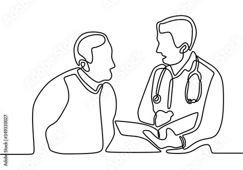 Continuous line drawing of two doctors discussing diagnosis. Hospital scene. Doctors talking with partner explain something with paper. Medical team. Hospital health care concept.