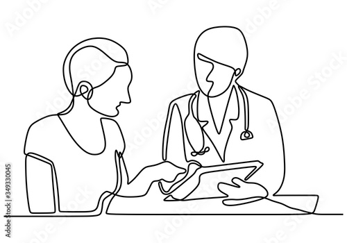 One continuous line drawing of doctor consults with patient painted by hand silhouette picture. Specialist doctor consulting patient about conditions and explain diagnosis. Vector illustration.