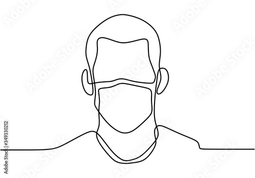 Single line drawing of young man wearing mask. Hygienic mask to prevent infection, airborne respiratory illness such as flu, corona virus. Protection against contagious disease. Vector illustration