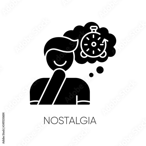 Nostalgia black glyph icon. Positive mood. Man feeling sentimental. Person reflecting on past. Memory trigger. Emotional intelligence. Silhouette symbol on white space. Vector isolated illustration