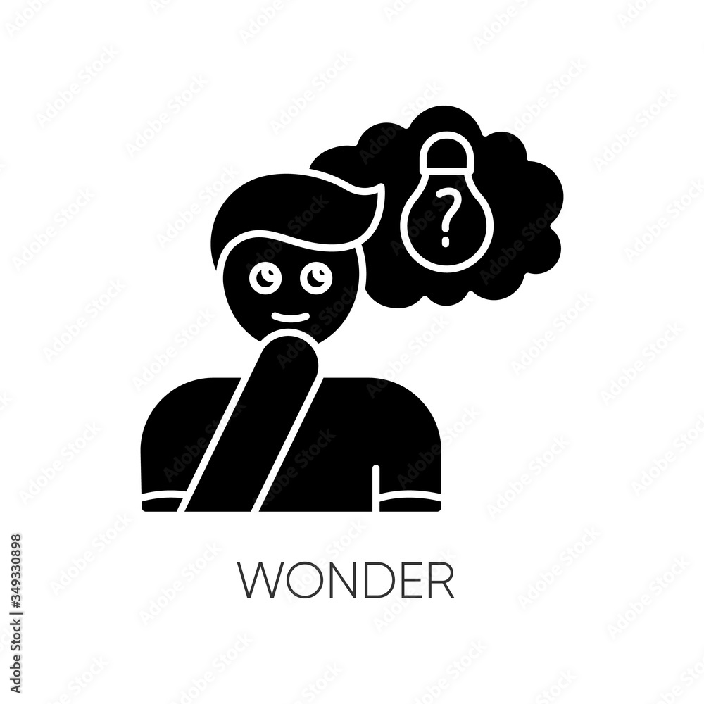 Wonder black glyph icon. Curious facial expression. Inspirational thought. Man with creative thinking. Imagine dilemma. Silhouette symbol on white space. Vector isolated illustration Wonder black glyph icon. Curious facial expression. Inspirational thought. Man with creative thinking. Imagine dilemma. Silhouette symbol on white space. Vector isolated illustration
