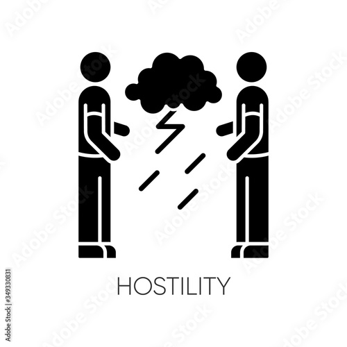 Hostility black glyph icon. Aggressive behaviour. Dispute with offended man. Tense relationship. Problem with bad attitude. Silhouette symbol on white space. Vector isolated illustration