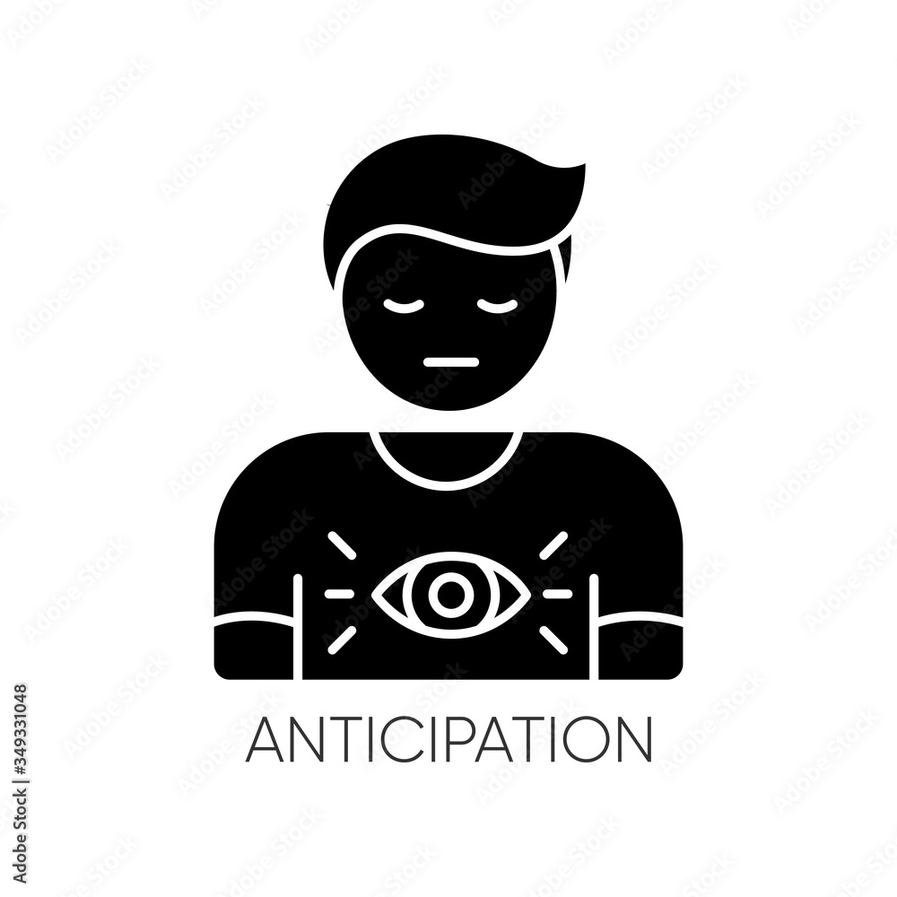 Anticipation black glyph icon. Man expecting future. Person with intuitive prediction. Mental state. Human feeling of discomfort. Silhouette symbol on white space. Vector isolated illustration Anticipation black glyph icon. Man expecting future. Person with intuitive prediction. Mental state. Human feeling of discomfort. Silhouette symbol on white space. Vector isolated illustration