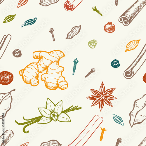 Seamless pattern with hand drawn spices