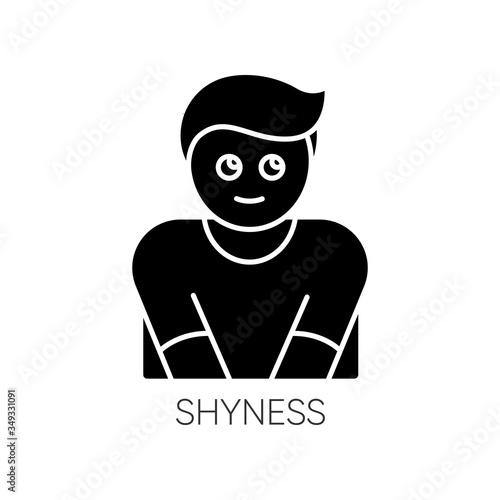 Shyness black glyph icon. Person feeling awkward. Man embarrassed. Social anxiety. Low self esteem. Worry and doubt. Avoid eye contact. Silhouette symbol on white space. Vector isolated illustration
