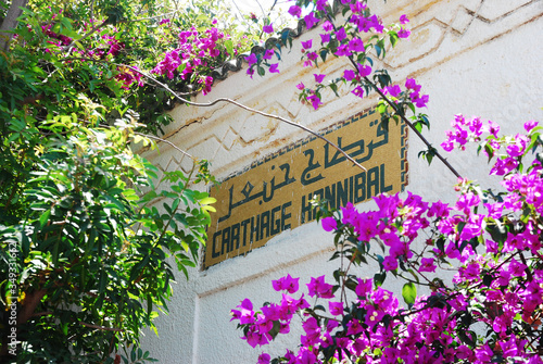 A sign at the Carthage station in Tunisia decorated in a traditional style among flowering trees