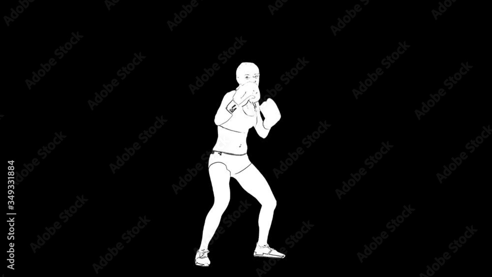 White outline sketch of woman in boxing gloves is training isolated on black background White outline sketch of woman in boxing gloves is training isolated on black background