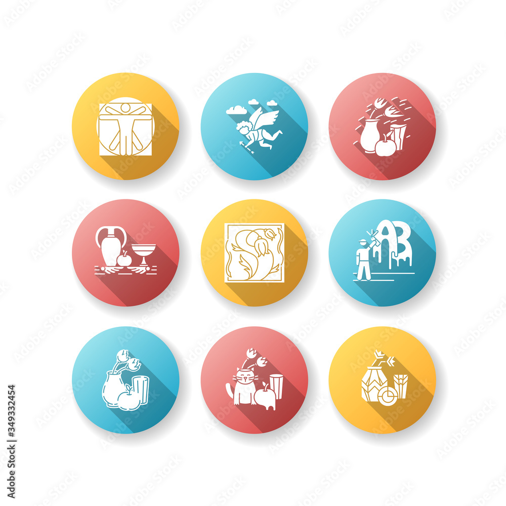 Art movements flat design long shadow glyph icons set. Artworks in surrealism, neoclassicism styles. Impressionism, expressionism and classicism painting. Silhouette RGB color illustration