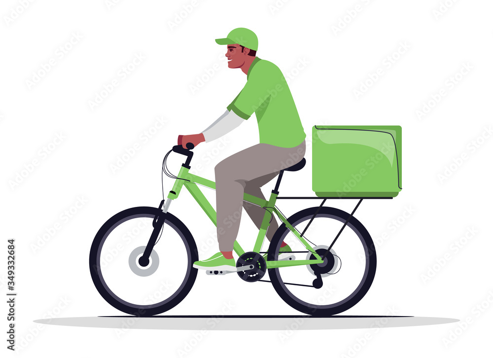 Fototapeta premium Home parcel delivery semi flat RGB color vector illustration. African american courier on bicycle. Delivery man on bike in green uniform isolated cartoon character on white background