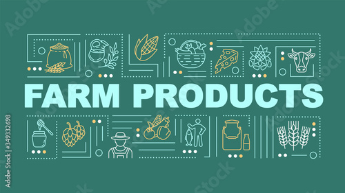 Farm product word concepts banner. Dairy and wheat, natural food. Infographics with linear icons on yellow green background. Isolated typography. Vector outline RGB color illustration