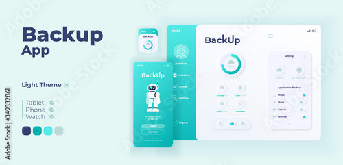 Backup app screen vector adaptive design template. Cloud storage application day mode interface with flat characters. Personal internet database smartphone, tablet, smart watch cartoon UI