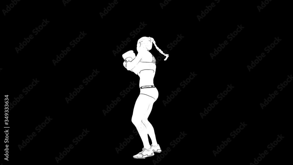 White outline sketch of woman in boxing gloves is training isolated on black background White outline sketch of woman in boxing gloves is training isolated on black background