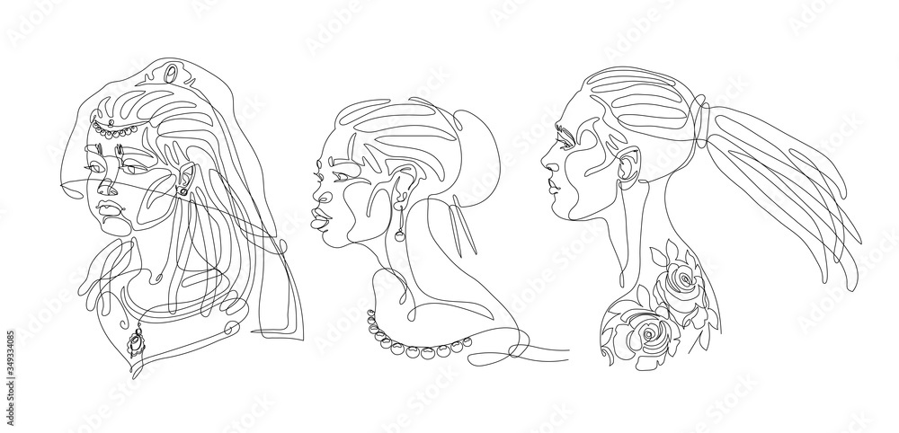 set of cute girls heads with jewelry & tattoo roses, beads & earrings, bride in veil on dreadlocks, vector illustration with black contour lines isolated on white background in one line drawing style