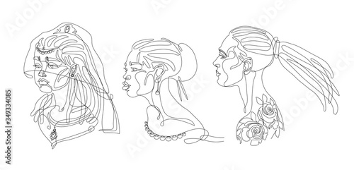 set of cute girls heads with jewelry & tattoo roses, beads & earrings, bride in veil on dreadlocks, vector illustration with black contour lines isolated on white background in one line drawing style