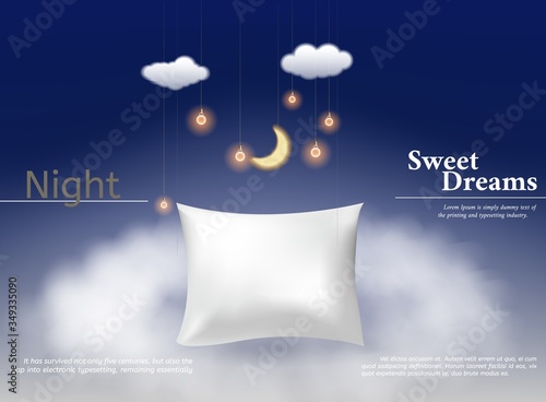 Vector illustration with realistic 3d square pillow for the best dreams ever, comfortable sleep. Soft cushion. Relaxation, sleeping concept.