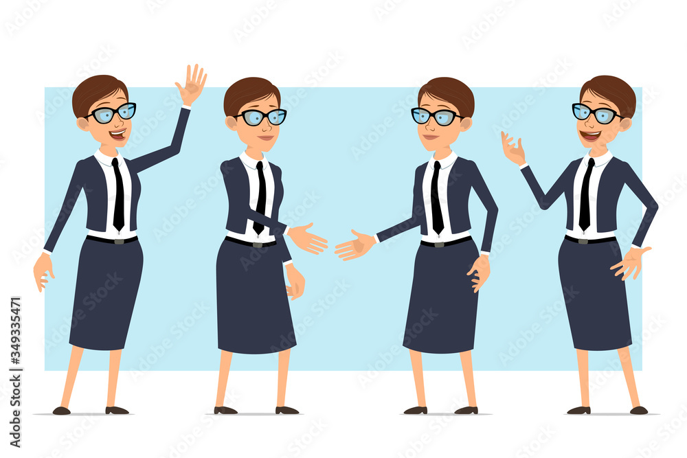 Cartoon flat funny business coach woman character in blue suit and glasses. Ready for animation. Girl shaking hands and showing hello or bye gesture. Isolated on blue background. Vector set.