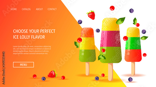 Website design for Ice cream parlor or shop, Sweet products, Dessert, Summer. Fruit ice lollies with various flavor. Vector illustration for poster, banner, website, commercial, menu, advertising. 