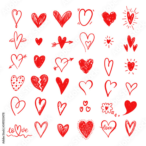 Hand drawn doodle red hearts. Valentines Day design