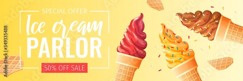 Banner design for Ice cream parlor, Sweet products, Dessert. Ice creams in waffle cups with various flavor. Vector illustration for poster, banner, flyer, commercial, menu, advertising. 