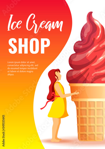 Flyer design for Ice cream parlor or shop, Sweet products, Dessert. Little girl and ice cream in waffle cup. A4 vector illustration for poster, banner, flyer, commercial, menu, advertising. 