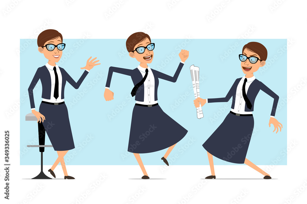 Cartoon flat funny business coach woman character in blue suit and glasses. Ready for animation. Girl resting, jumping and dancing with newspaper. Isolated on blue background. Vector set. Cartoon flat funny business coach woman character in blue suit and glasses. Ready for animation. Girl resting, jumping and dancing with newspaper. Isolated on blue background. Vector set.