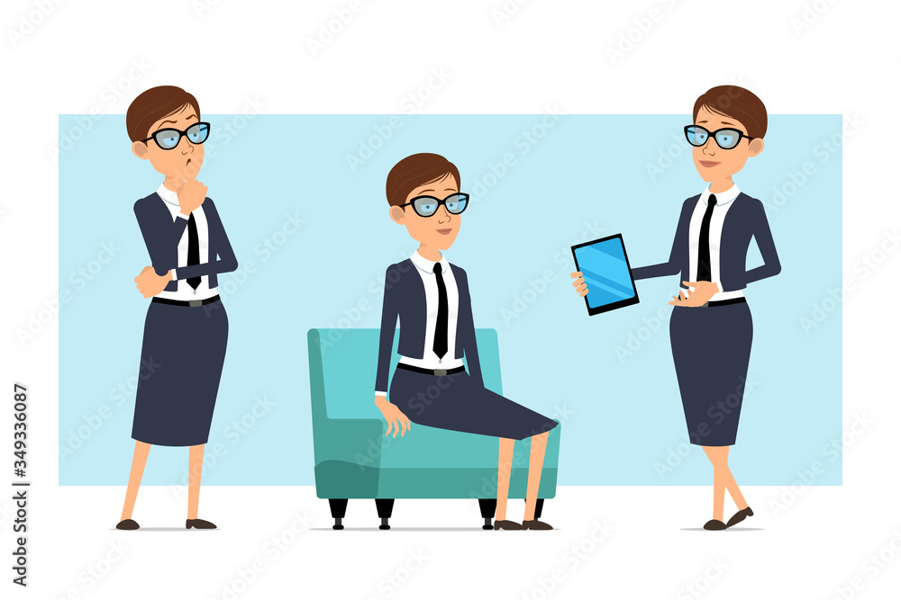 Cartoon flat funny business coach woman character in blue suit and glasses. Ready for animation. Girl thinking, resting on sofa and showing new smart tablet. Isolated on blue background. Vector set. Cartoon flat funny business coach woman character in blue suit and glasses. Ready for animation. Girl thinking, resting on sofa and showing new smart tablet. Isolated on blue background. Vector set.