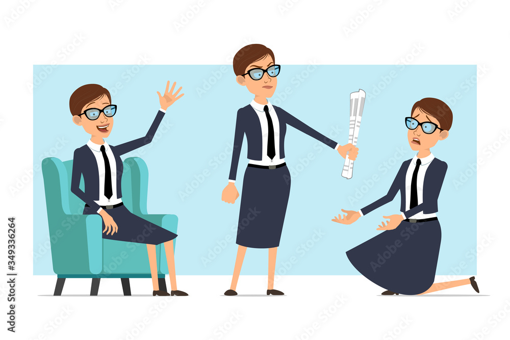 Cartoon flat funny business coach woman character in blue suit and glasses. Ready for animation. Girl showing hello gesture on sofa and begging on knee. Isolated on blue background. Vector set. Cartoon flat funny business coach woman character in blue suit and glasses. Ready for animation. Girl showing hello gesture on sofa and begging on knee. Isolated on blue background. Vector set.