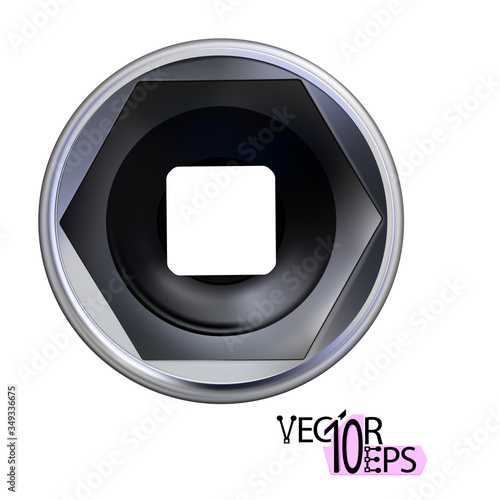 Realistic metal hexagonal socket, isolated on a white background. Cylindrical head for ratchet wrench, spanner. Shiny macro chrome side view. Vector illustration.