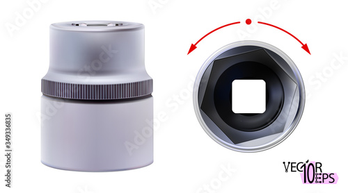 Set realistic metal hexagonal socket, isolated on a white background. Cylindrical head for ratchet wrench, spanner. Shiny macro chrome side view. Vector illustration.