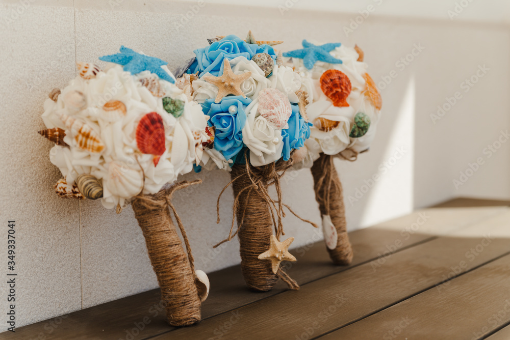 Fototapeta premium wedding bouquet diy made of seashells and silk, for the wedding ceremony or vow renewal