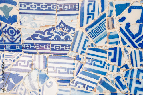 Trencadis texture, broken tile collage, white and blue