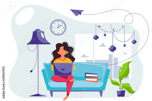 Woman working on laptop at home. Remote work. Woman freelancer. Stay home concept. Vector illustration in flat style