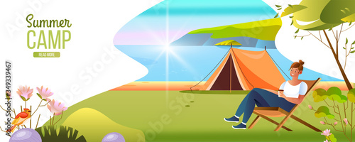 Summer camp concept with young female character resting near tent. Outdoor vacation background with forest, lake, hills, trees, flowers, brazier,young smiling woman. Vector illustration in flat style