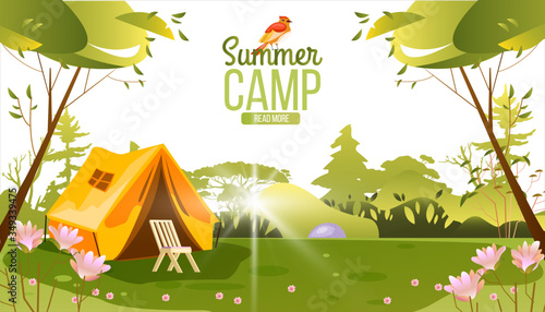 Summer camping vector background with tent, chair, brazier, trees and flowers. Picnic stock concept with forest campsite in cartoon flat style with copy space. For advertisements, flyers, banners