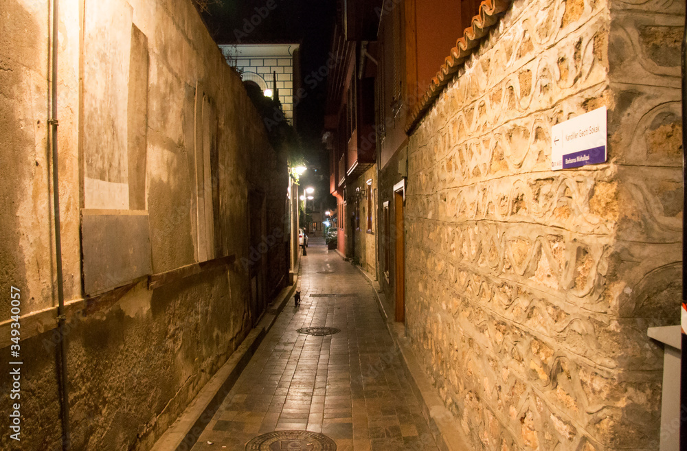 Street of old town Kaleici, Antalya Turkey at night time